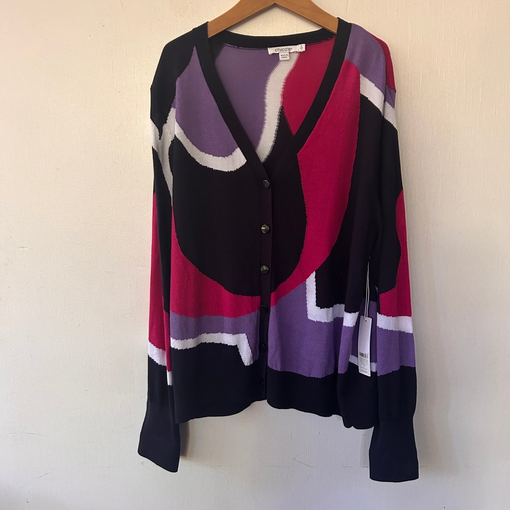Chicos Cardigan Women Large Purple Abstract Button Front Parisian Purple NWT